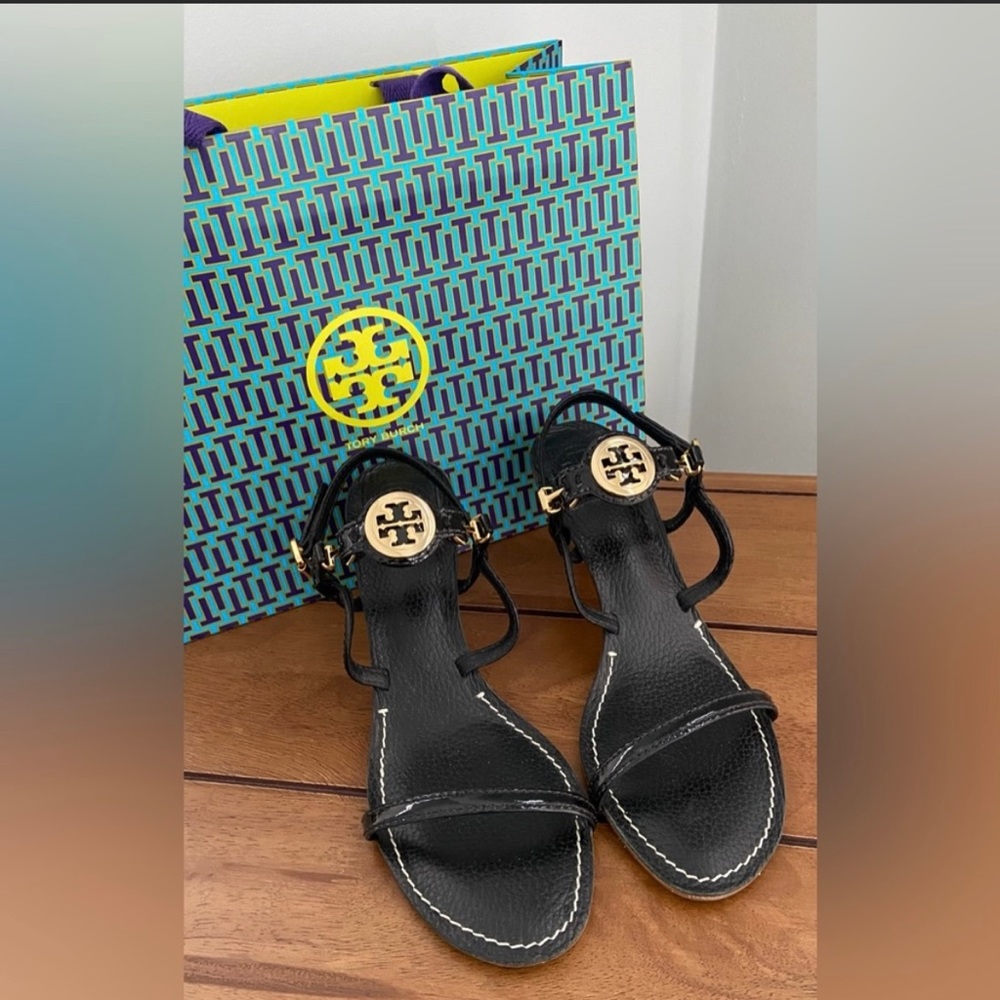 Tory Burch Black Sandals with Gold Logo - Picture 2 of 10